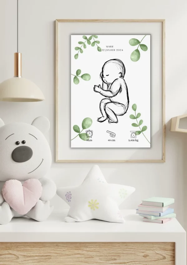 Jolie affiche naissance bébé fille ou garçon avec des feuilles d'eucalyptus dans une chambre d'enfant