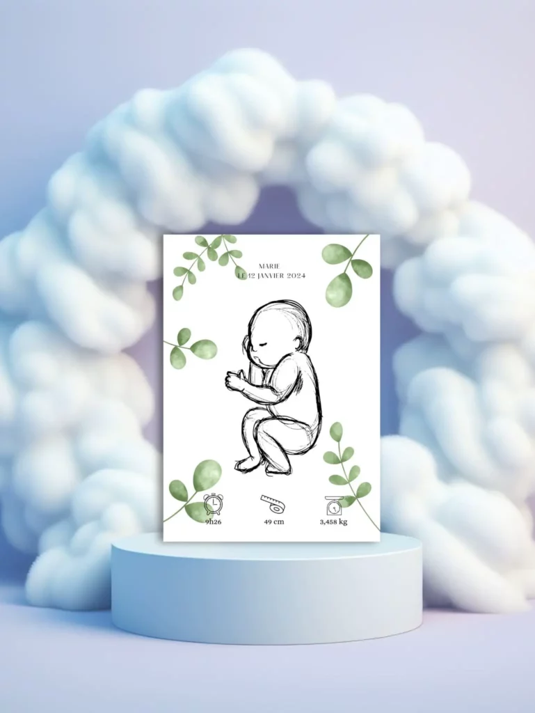 Jolie affiche naissance bébé fille ou garçon avec des feuilles d'eucalyptus.