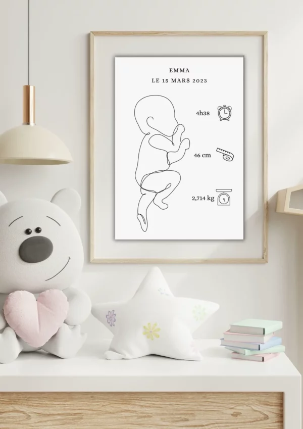 Jolie affiche naissance minimaliste bébé fille ou garçon sur étagère