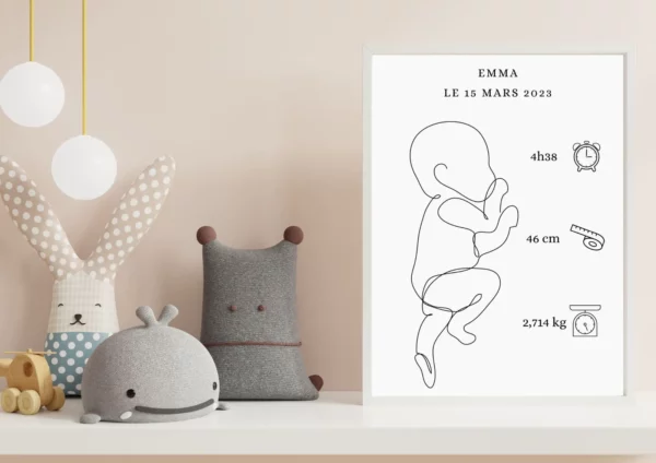 Jolie affiche naissance minimaliste bébé fille ou garçon sur une commode