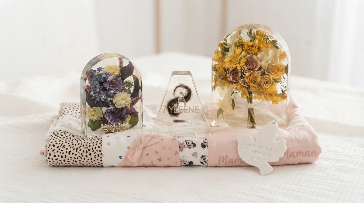 Cloches de fleurs séchées en résine, tétine prénom en résine et couverture souvenir faites main par Modani Paris