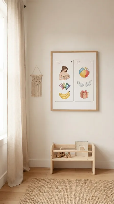 Abécédaire illustré à imprimer, encadré dans une chambre d'enfant