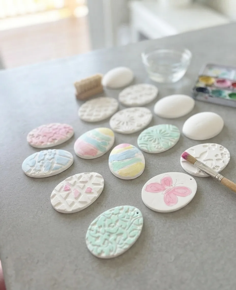 Œufs de Pâques en plâtre à décorer, peints en pastel, avec pinceaux et palette