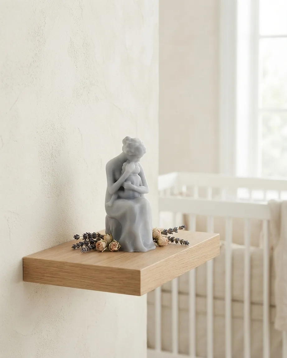 Figurine amour maternel grise, maman tenant son bébé, sur une étagère