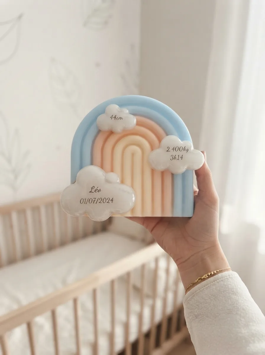 Arc-en-ciel de naissance personnalisé en résine tenu au-dessus d'un berceau