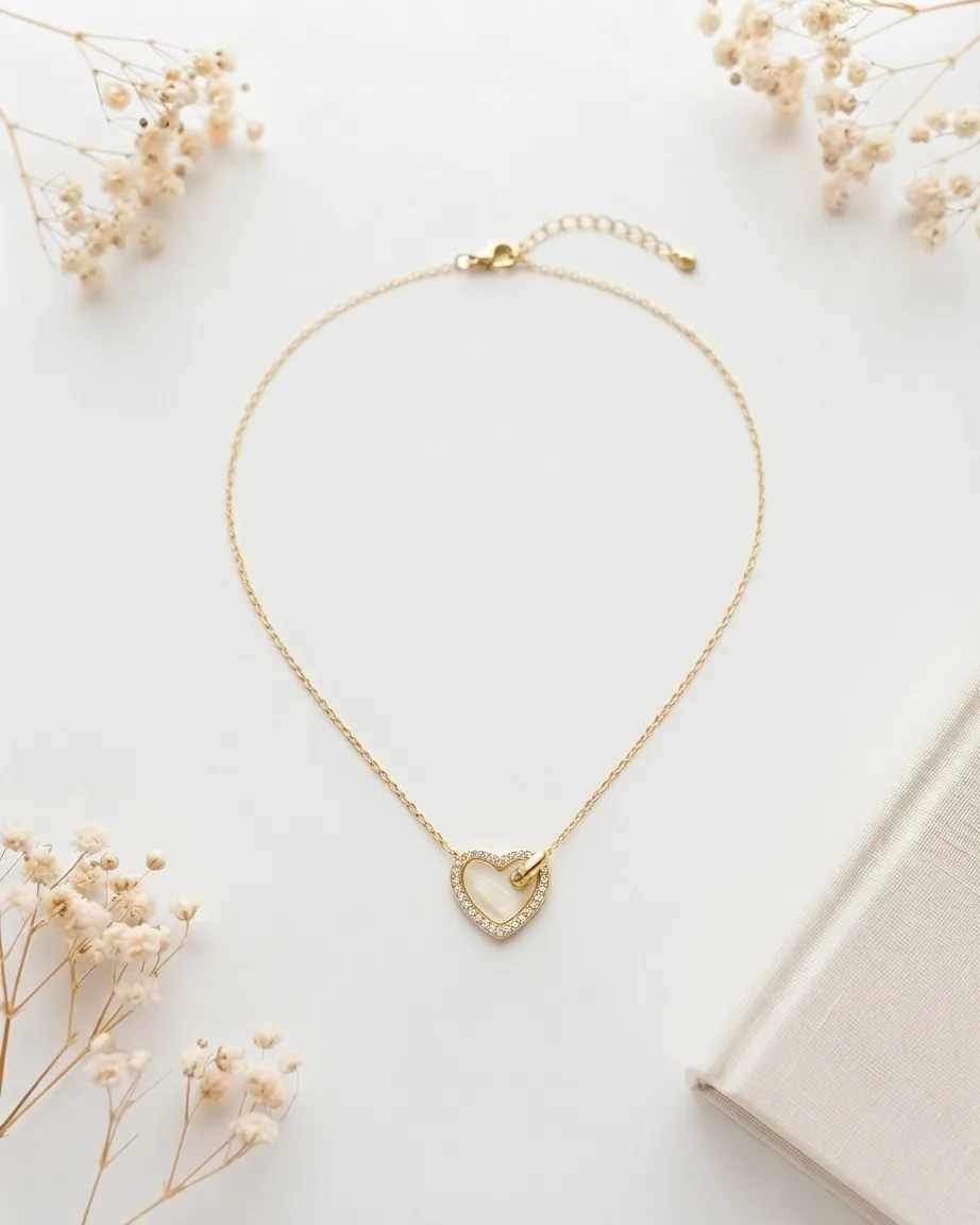 Collier cœur entrelacé au lait maternel sur chaîne dorée, fond blanc