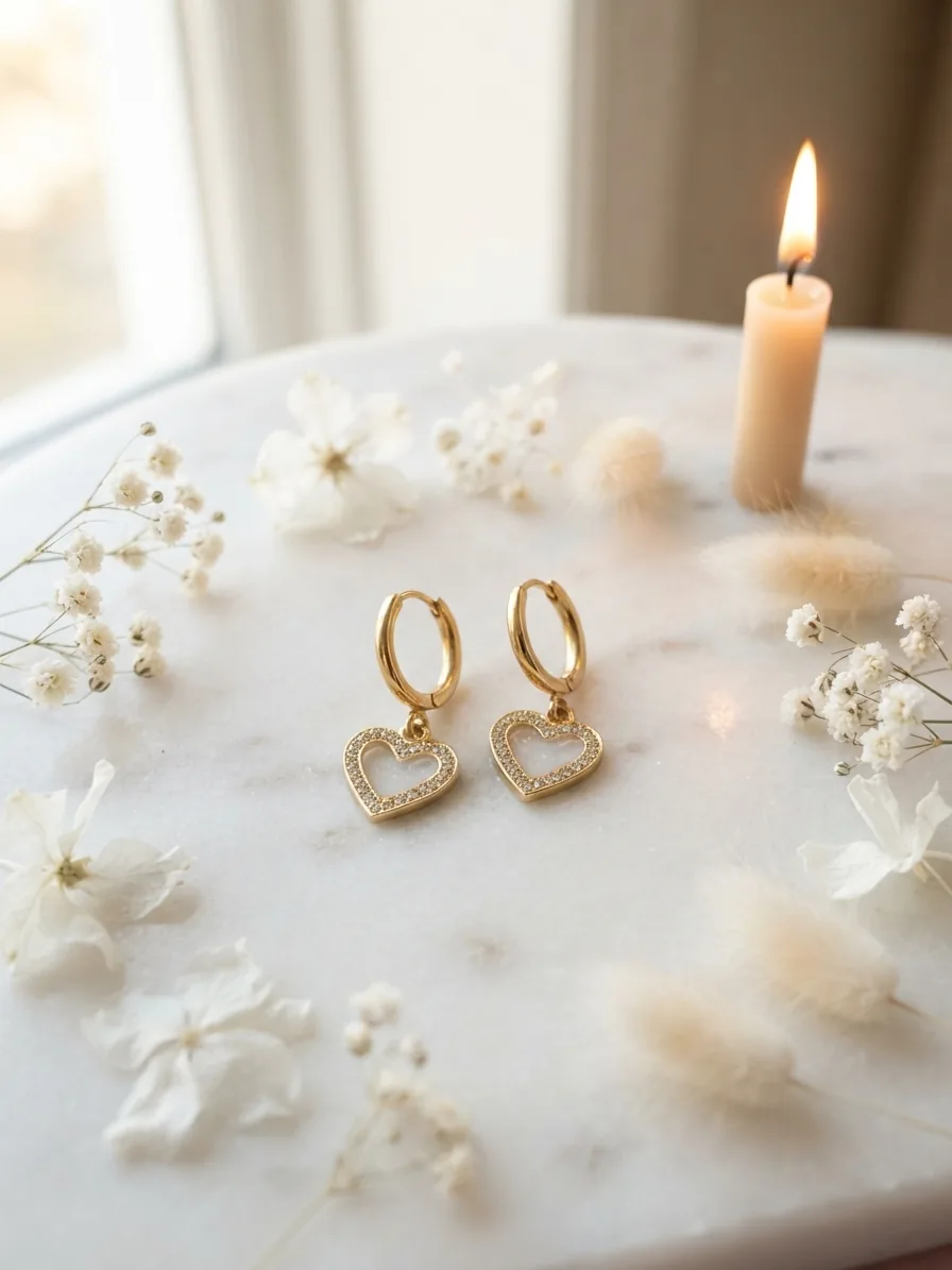Boucles d'oreilles cœur au lait maternel sur créoles dorées, avec une bougie