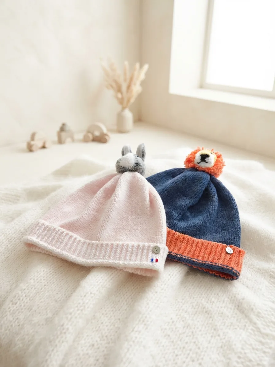 Bonnets de naissance tricotés rose et bleu marine avec oreilles d'animaux