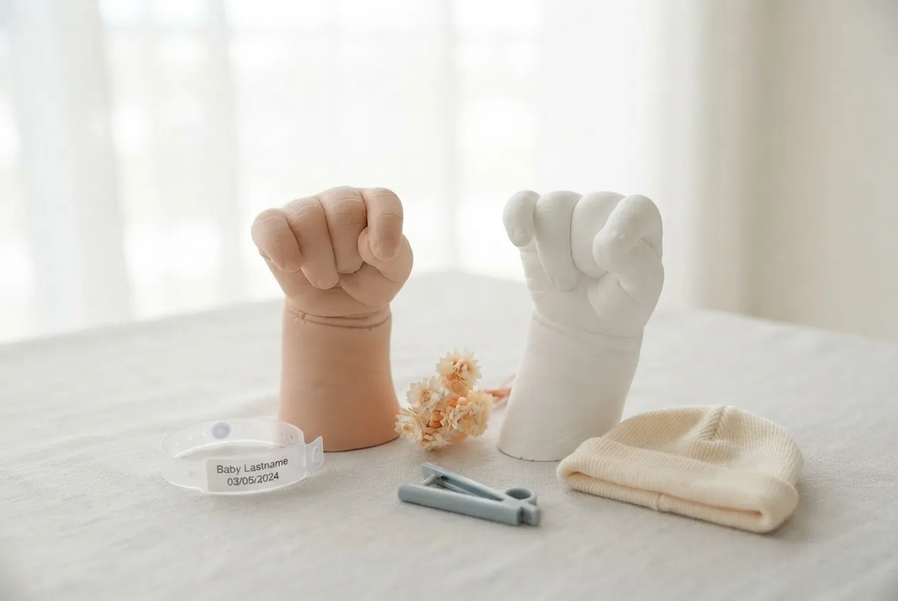 Moulages des mains en résine avec bracelet de naissance et bonnet de maternité