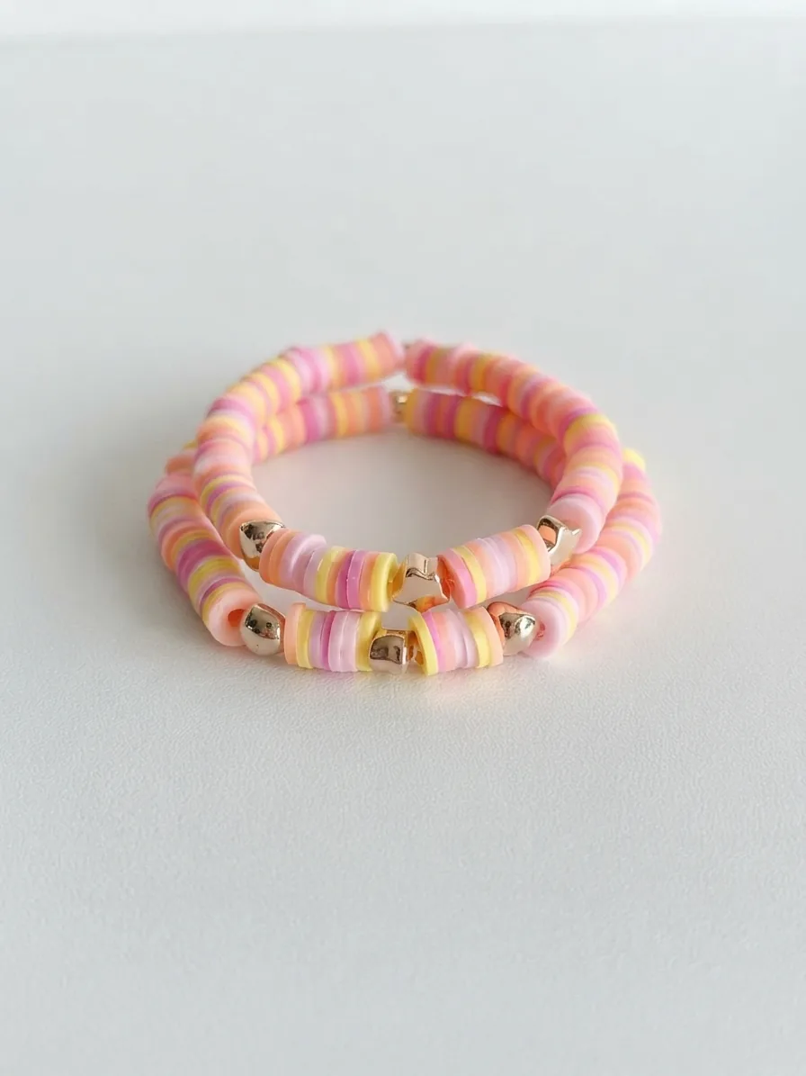 Bracelets maman et enfant en perles roses et dorées assortis