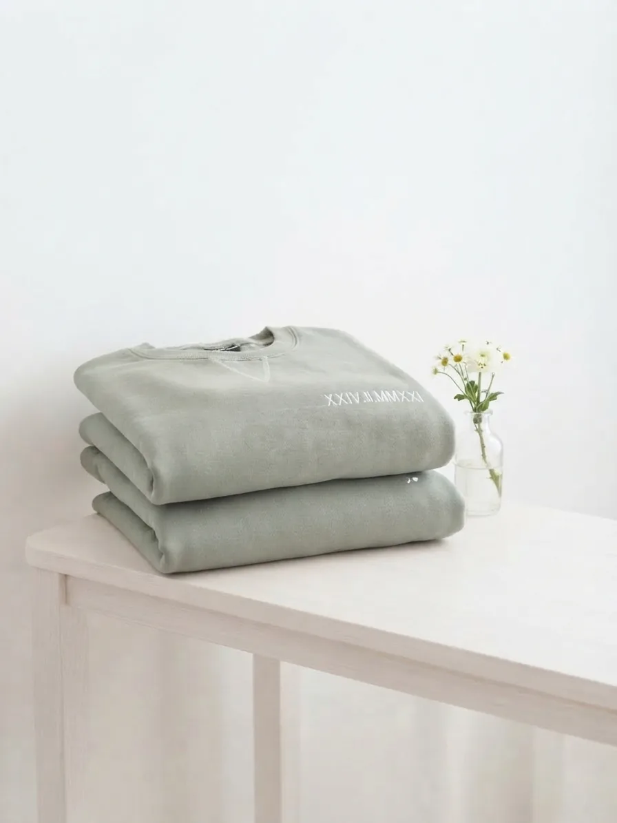 Sweats brodés pliés, broderie personnalisée aux dates du couple