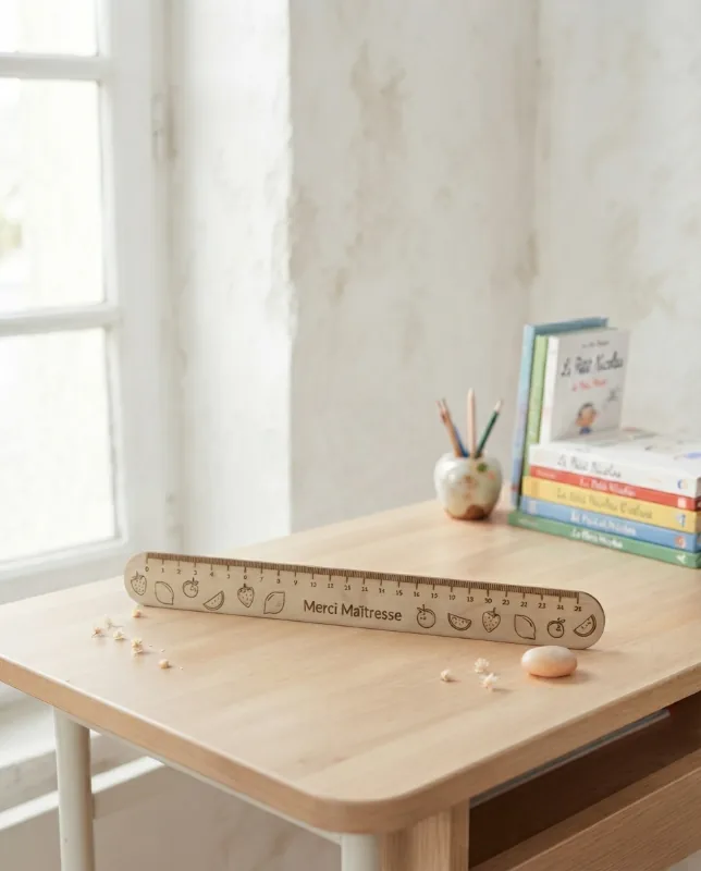 Règle en bois gravée pour un maître ou une ATSEM, posée sur un bureau d'écolier