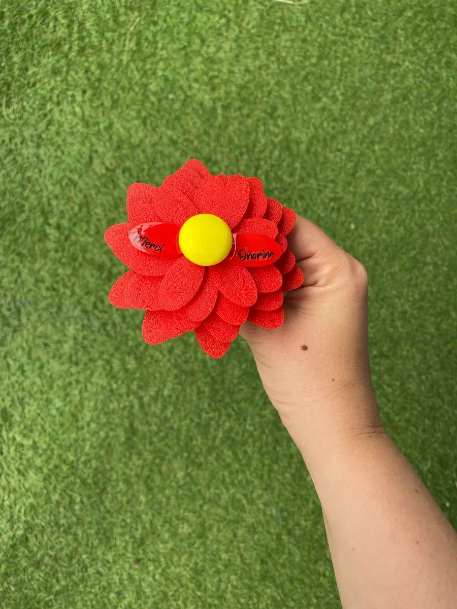 Fleur rouge Merci Maîtresse tenue dans la main