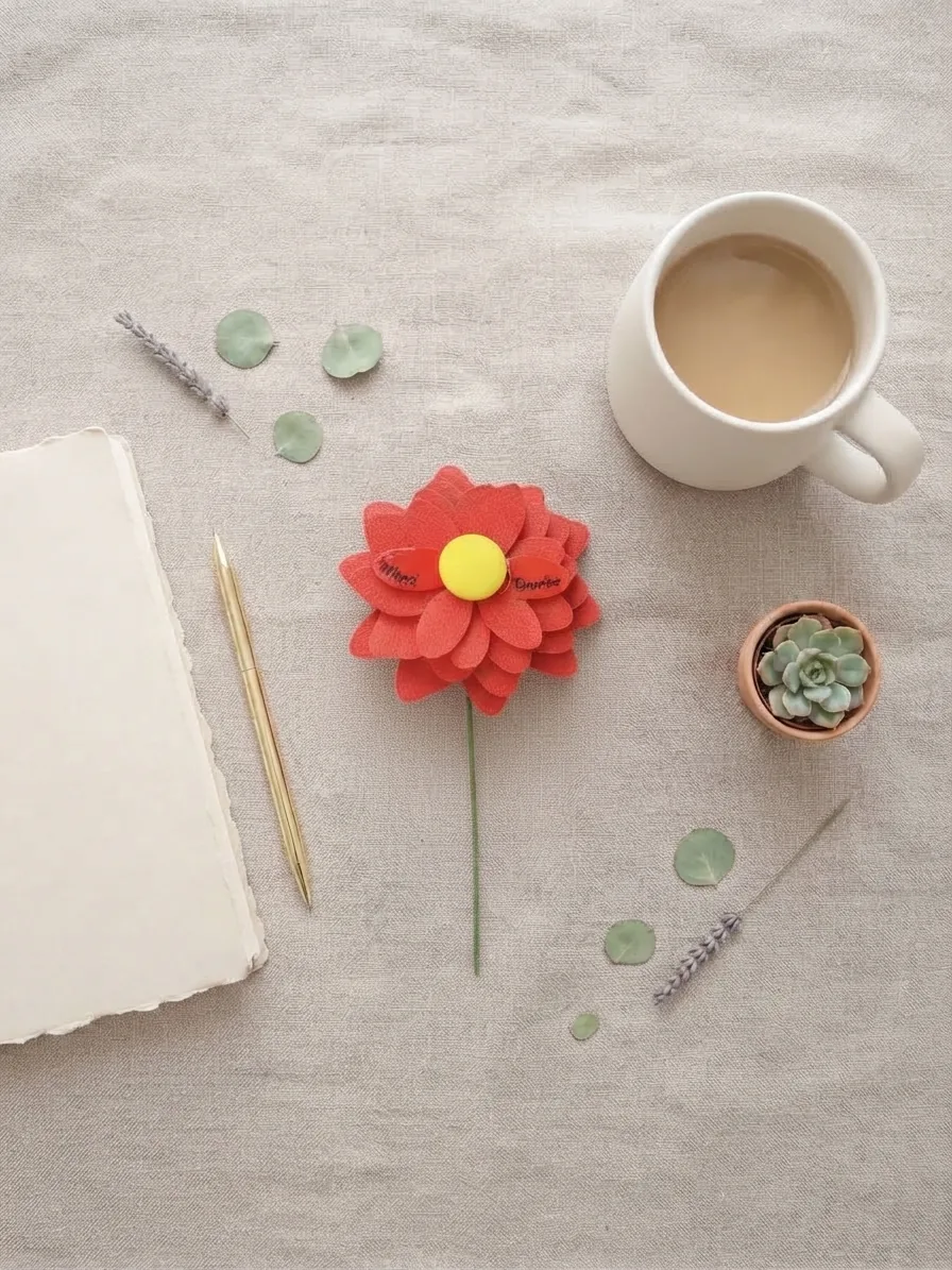 Fleur rouge Merci Maîtresse sur un bureau avec une tasse et un carnet