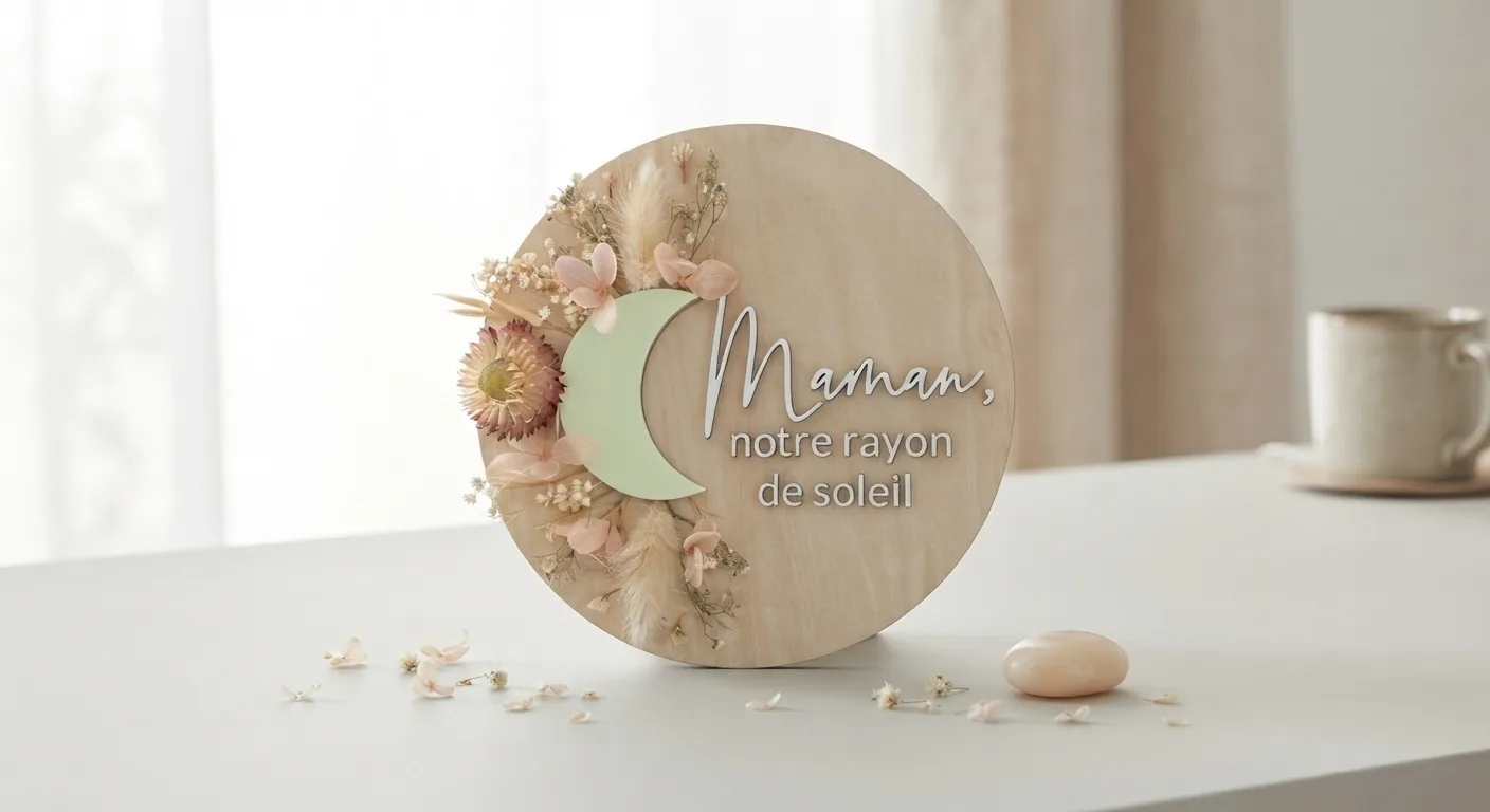 Plaque ronde en bois Maman, notre rayon de soleil, sur une table