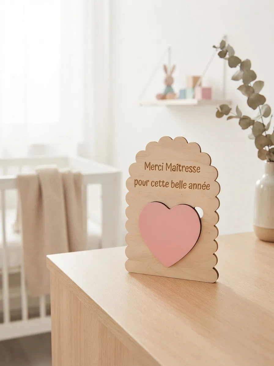 Pancarte en bois Merci Maîtresse pour cette belle année avec cœur rose