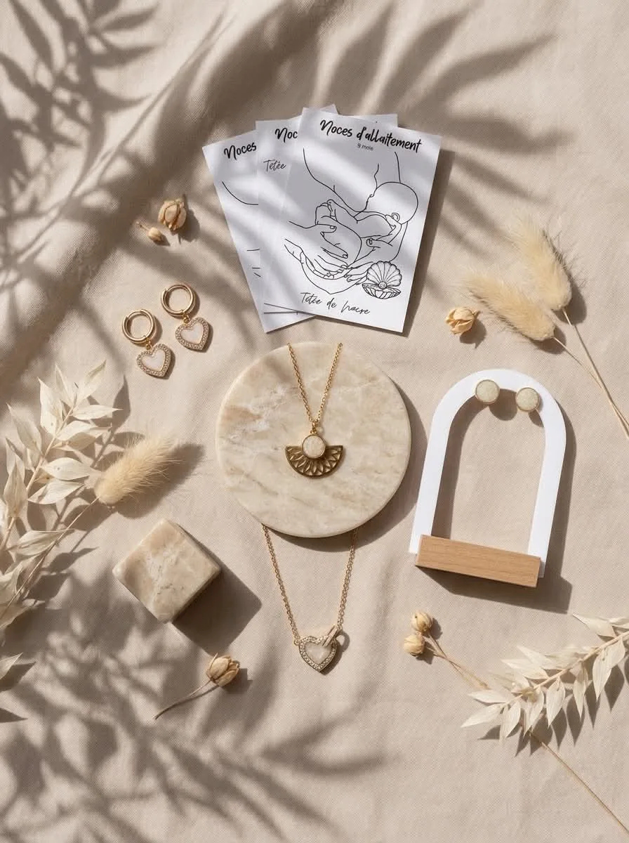 Bijoux au lait maternel et souvenirs d'allaitement sur un plateau avec fleurs séchées