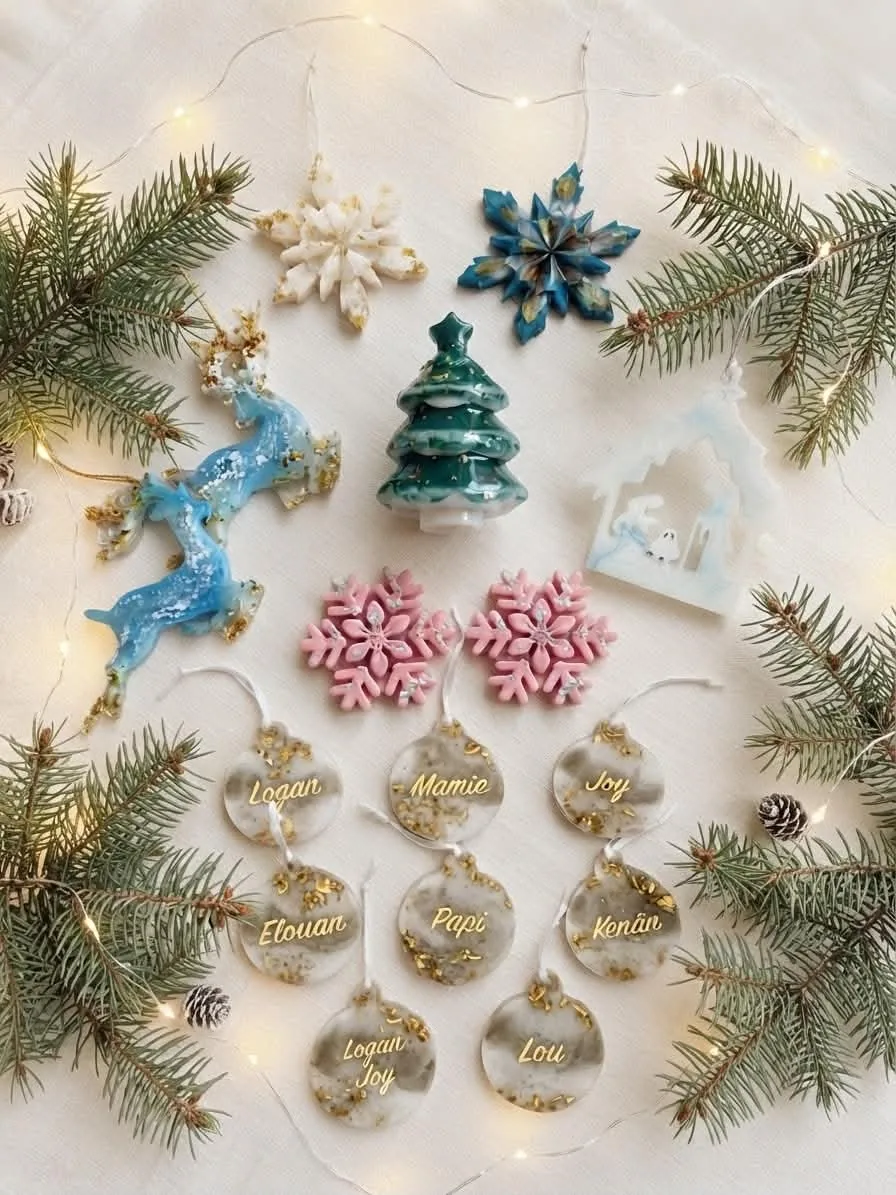 Décorations de Noël personnalisées en résine : flocons, renne, sapin, crèche et boules au prénom