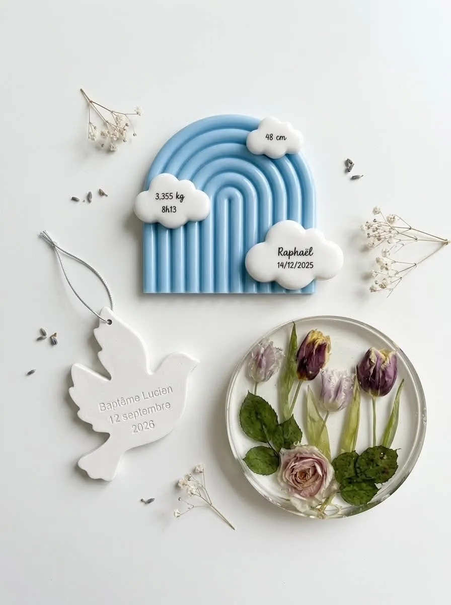 Décorations en résine personnalisées : arc-en-ciel, colombe et fleurs séchées