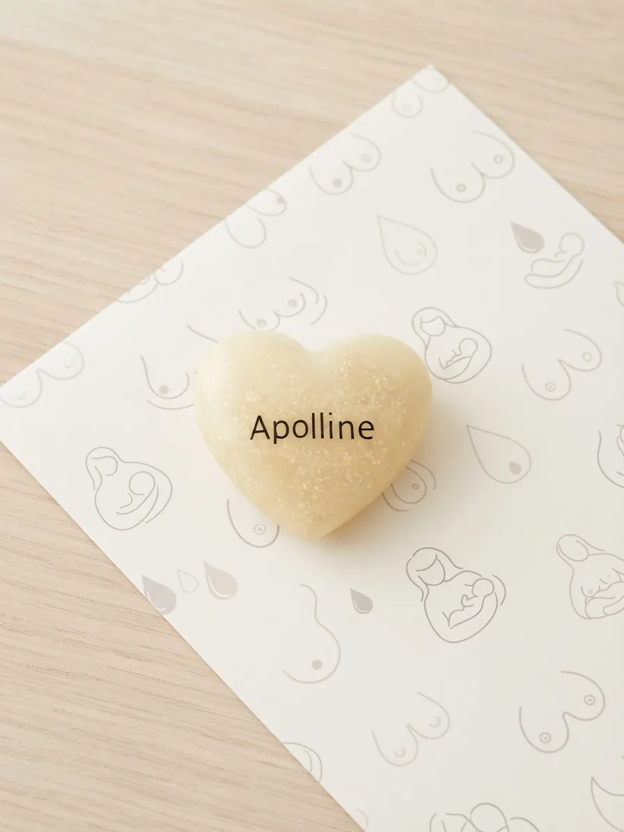 Cœur au lait maternel personnalisé au prénom Apolline sur une feuille illustrée