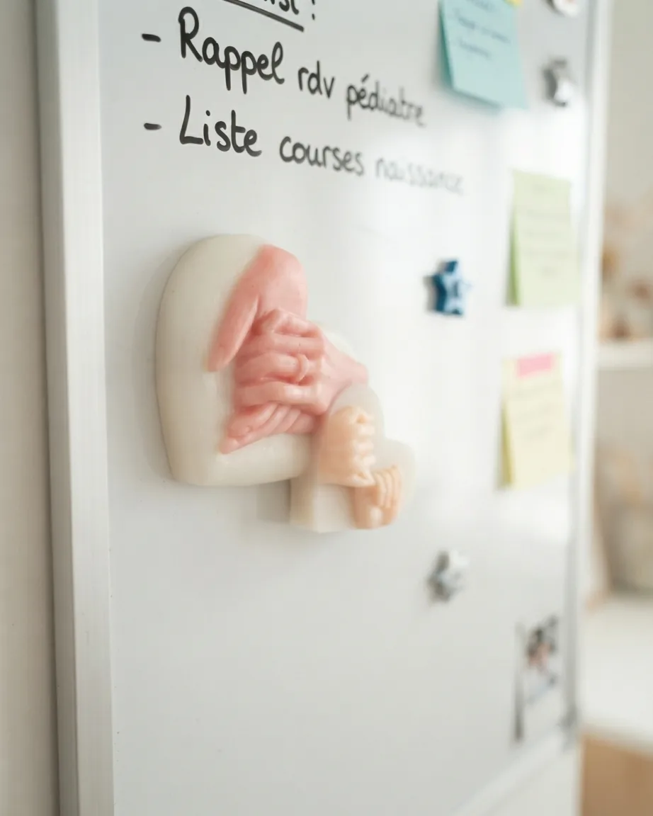 Magnet de couple en résine, deux mains formant un cœur, sur un tableau aimanté