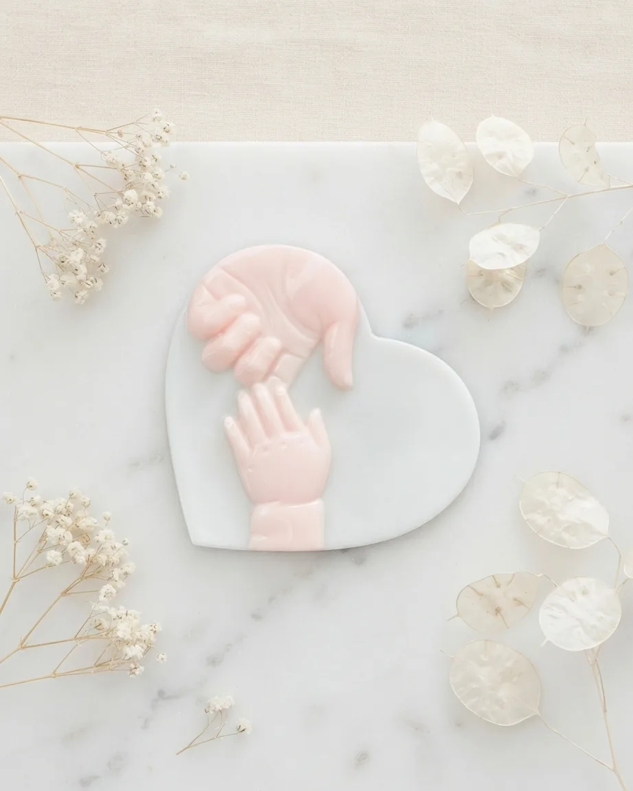 Cœur amour maternel en résine avec mains de maman et de bébé