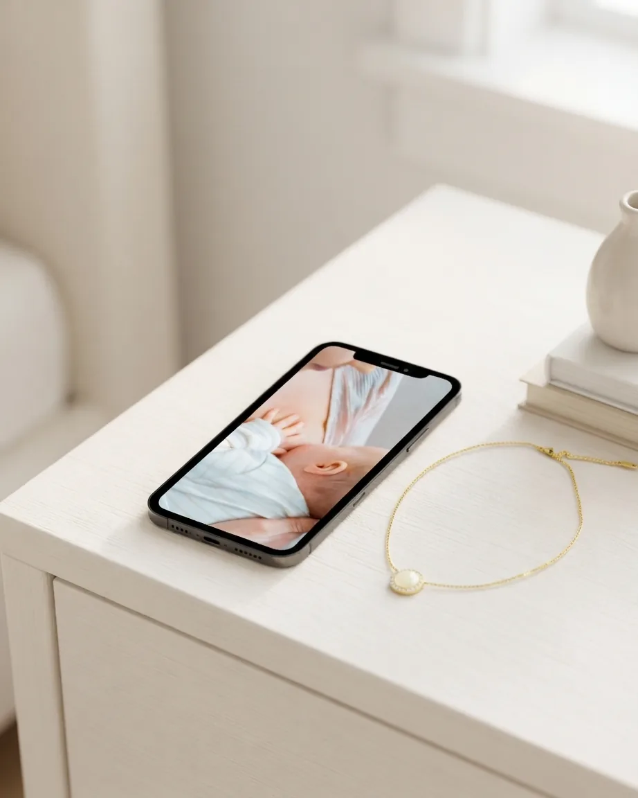 Collier au lait maternel connecté posé à côté d'un téléphone affichant la vidéo