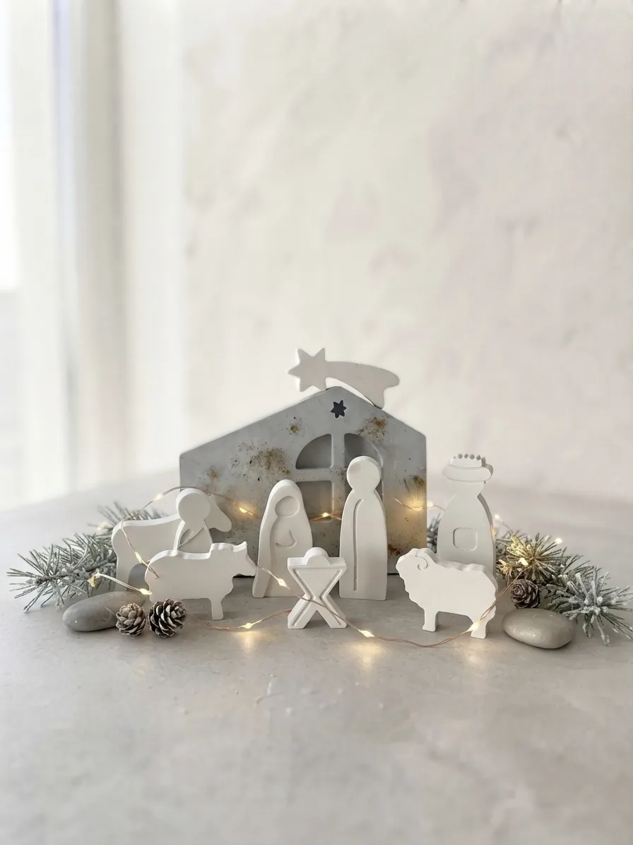 Crèche de Noël en résine blanche avec personnages et animaux