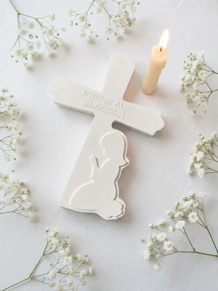 Croix de baptême personnalisée en résine blanche avec gypsophile et bougie