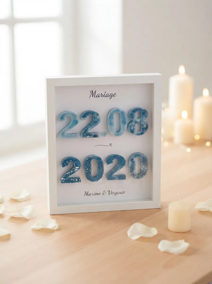Cadre date de mariage 22.08 2020 en résine bleue avec les prénoms des mariés