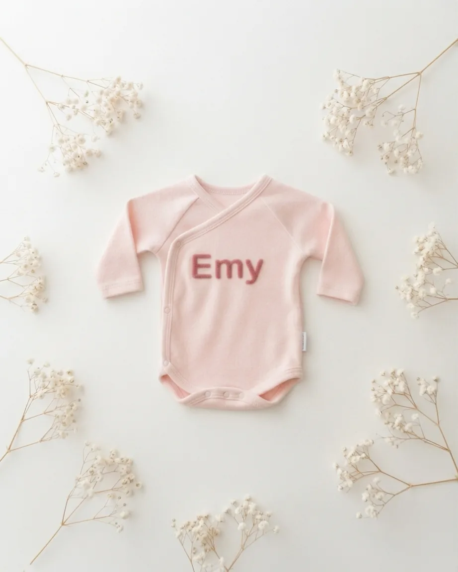 Body de bébé rose floqué au prénom Emy, entouré de gypsophile
