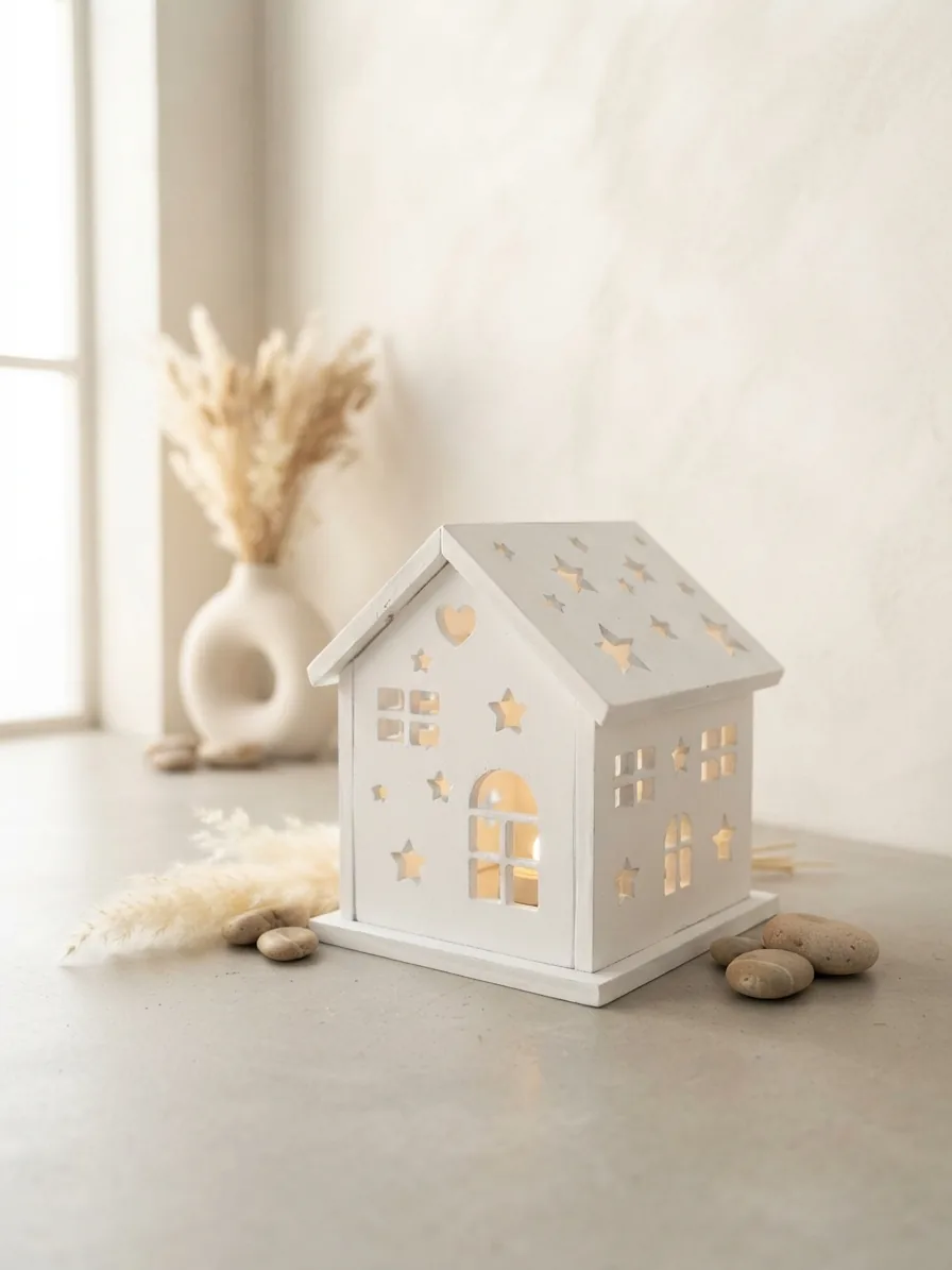 Bougeoir maison de Noël blanc allumé, posé sur une table avec des fleurs séchées