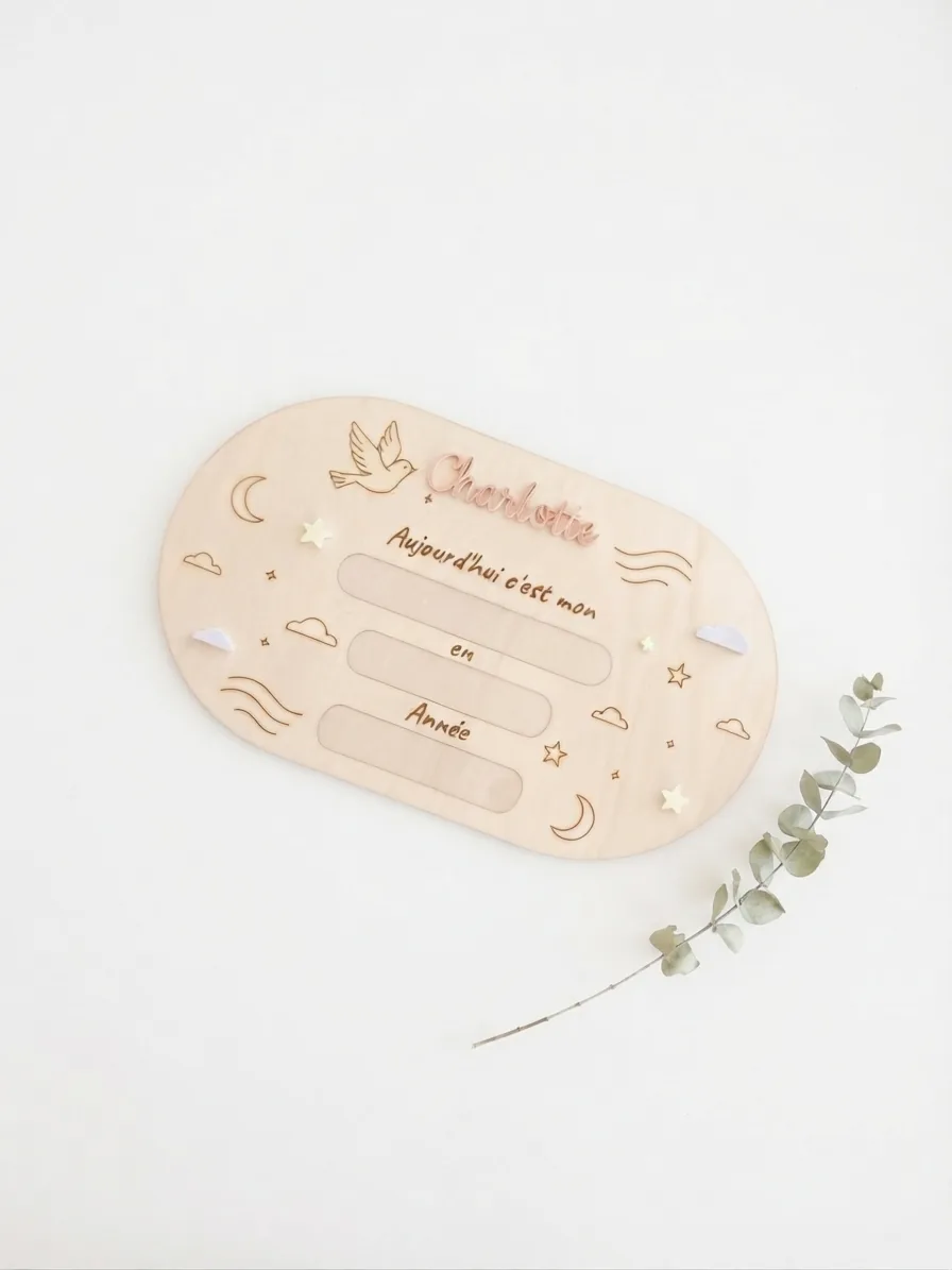 Pancarte de rentrée en bois personnalisée Charlotte avec branche d'eucalyptus
