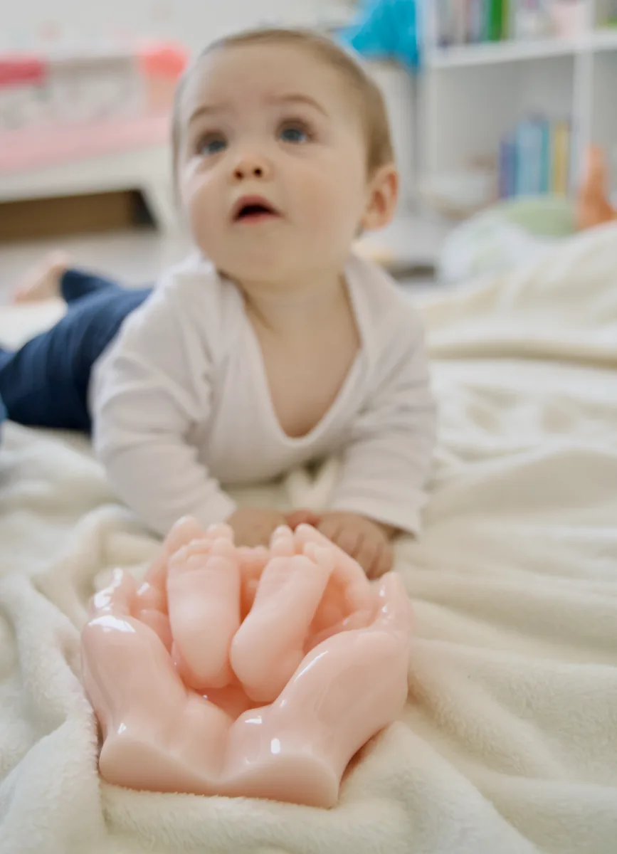 Bébé assis derrière la décoration en résine de ses pieds et de ses mains