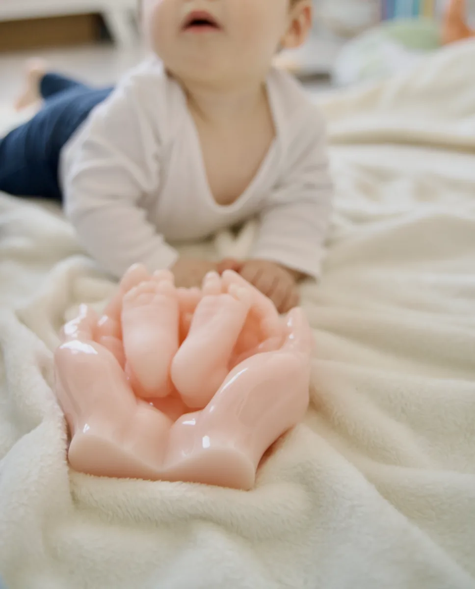 Moulage des pieds et des mains de bébé en résine rose, devant l'enfant allongé