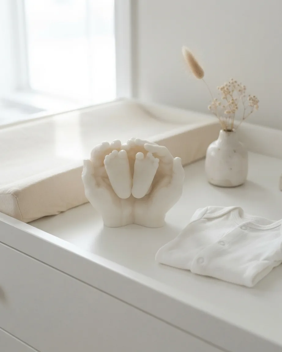Moulage en résine des pieds de bébé dans les mains, sur une commode de chambre