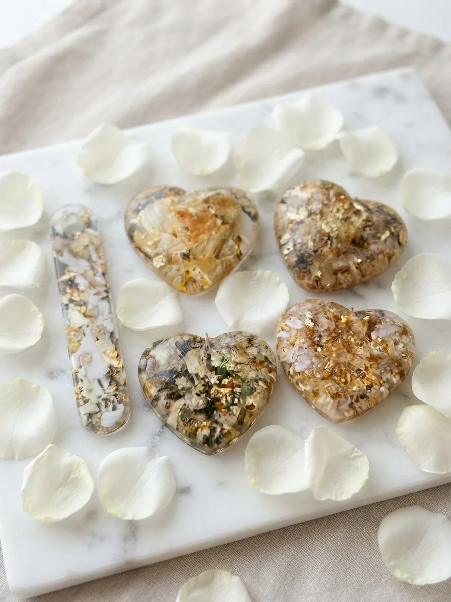 Petits accessoires en résine avec fleurs de bouquet de mariée : cœurs et barrette