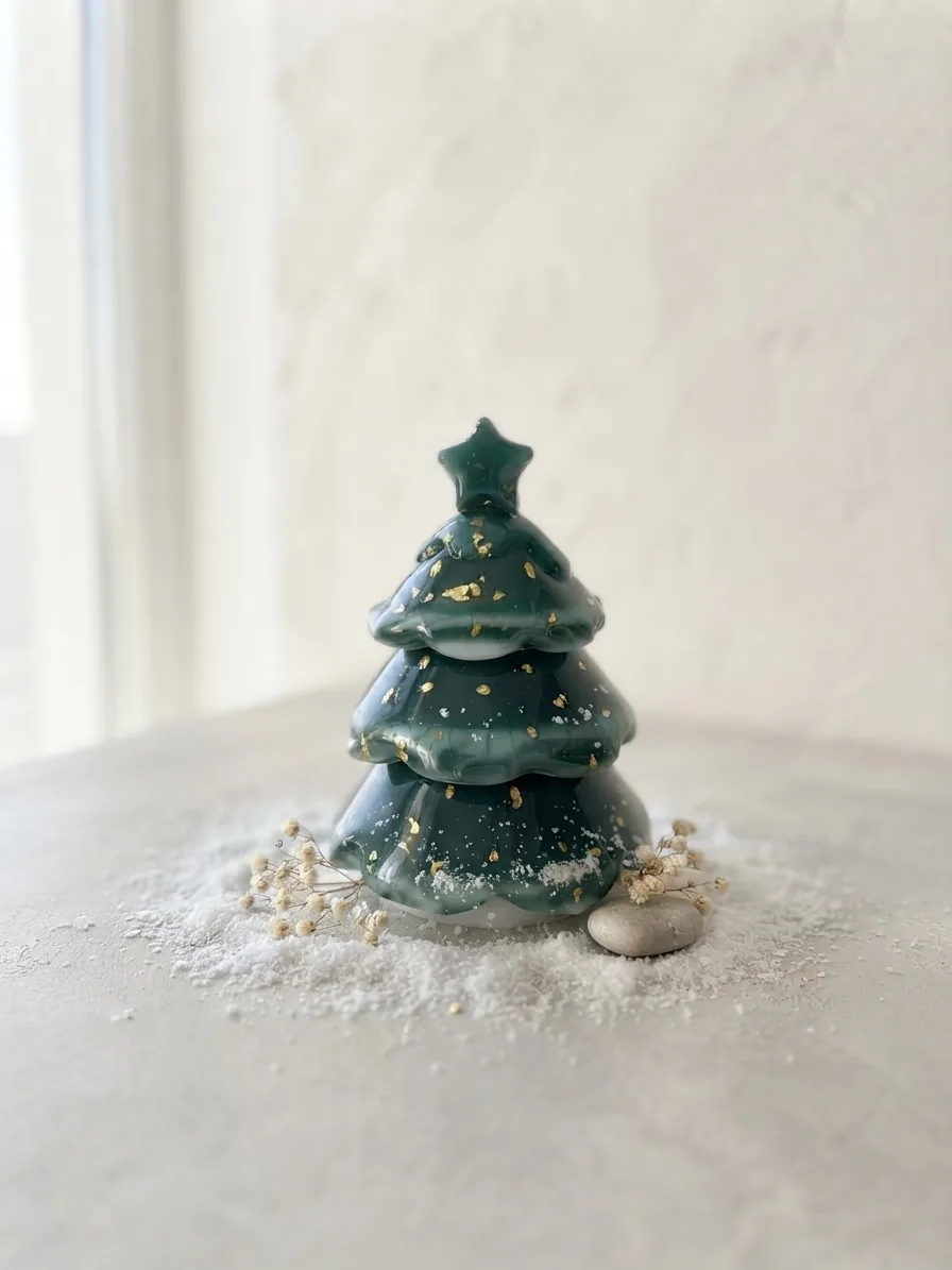 Sapin de Noël vert boîte à bijoux sur un plateau avec neige décorative