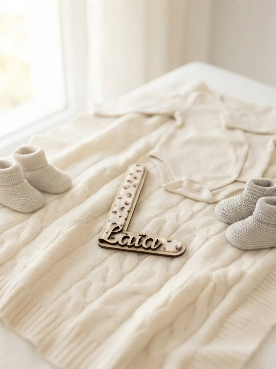 Initiale en bois au prénom Laïa posée sur un pyjama de bébé tricoté