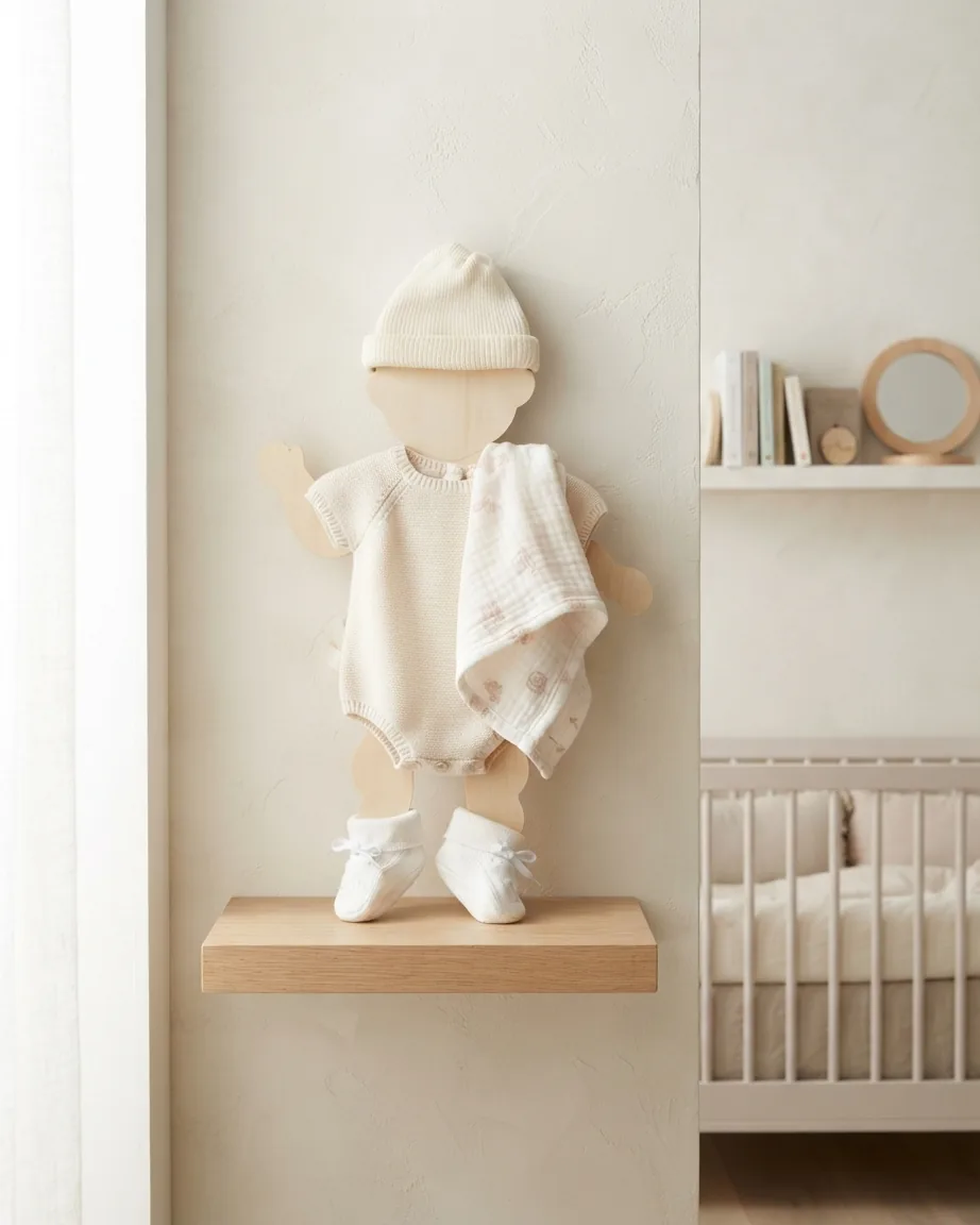 Support en bois habillé des vêtements de naissance, fixé au mur de la chambre