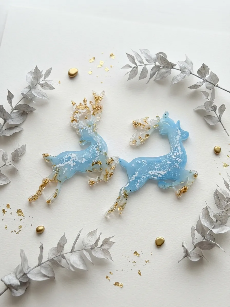 Deux cerfs de Noël en résine bleu ciel et feuilles d'or, avec feuillage argenté